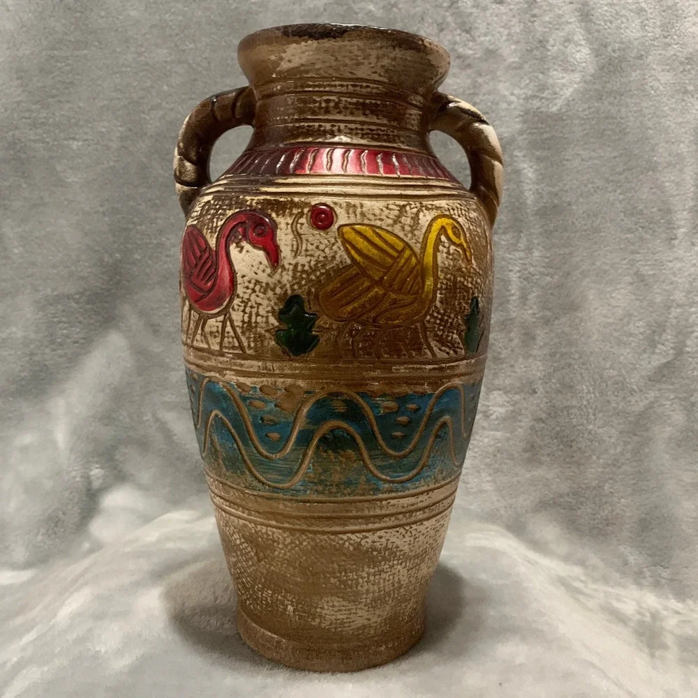 Vintage Style Faux Pottery Plastic Decorative Vase Bird Motif Tan Multi